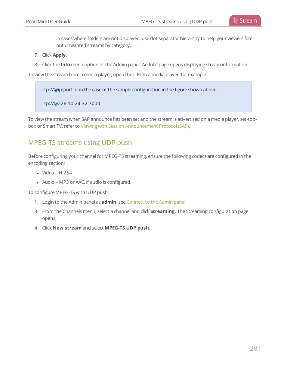 Mpeg-ts streams using udp push | Epiphan Pearl Mini Live Video Production System User Manual | Page 292 / 438