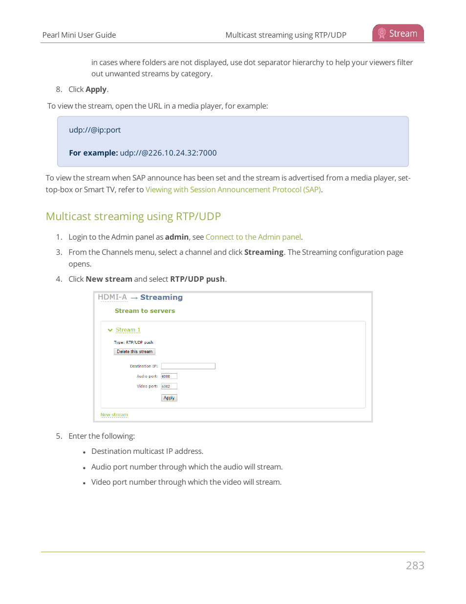 Multicast streaming using rtp/udp | Epiphan Pearl Mini Live Video Production System User Manual | Page 294 / 438