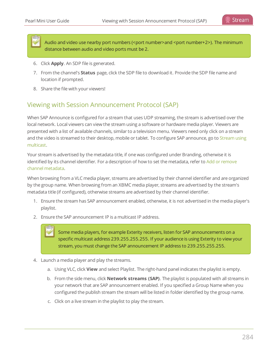 Viewing with session announcement protocol (sap) | Epiphan Pearl Mini Live Video Production System User Manual | Page 295 / 438