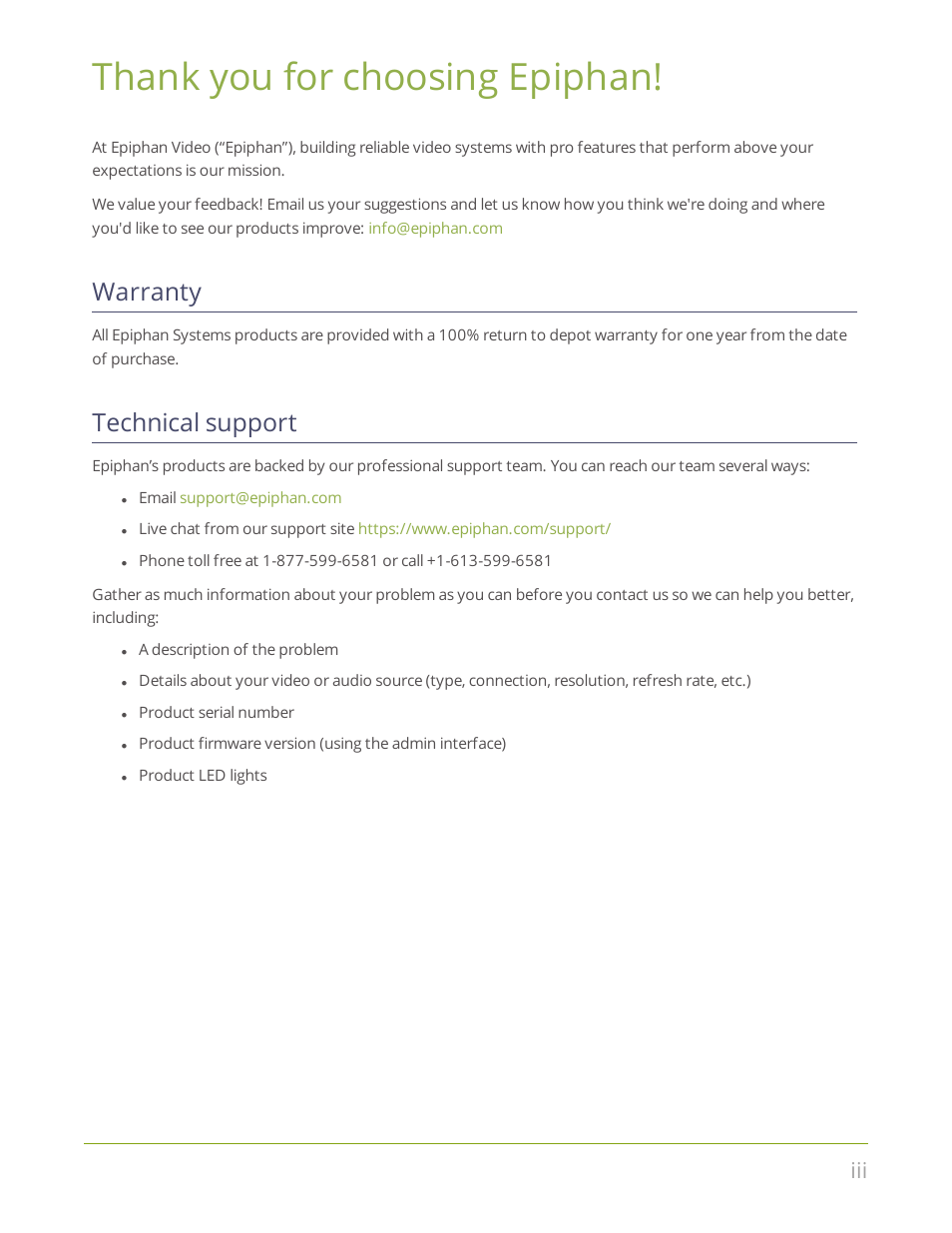 Warranty, Technical support | Epiphan Pearl Mini Live Video Production System User Manual | Page 3 / 438