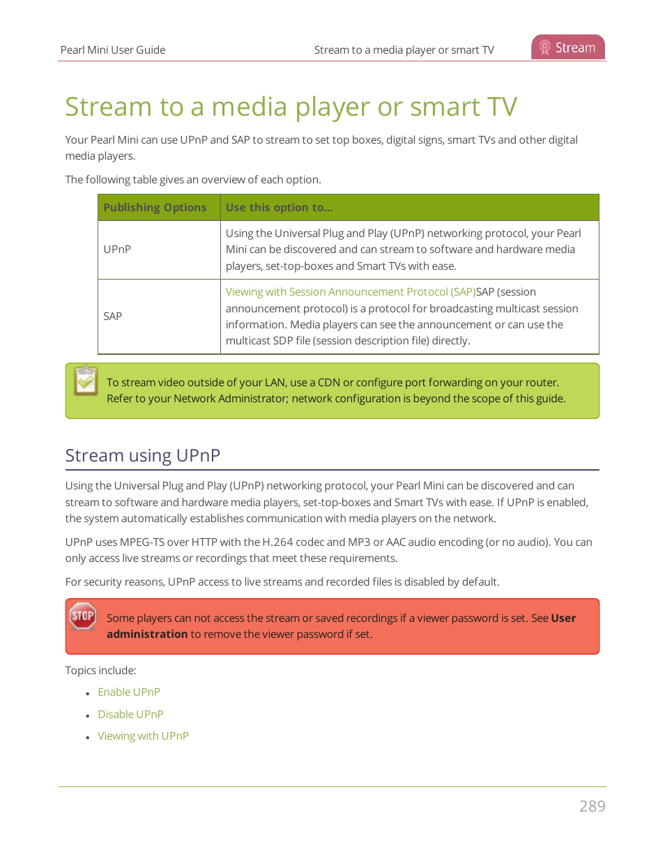 Stream to a media player or smart tv, Stream using upnp | Epiphan Pearl Mini Live Video Production System User Manual | Page 300 / 438