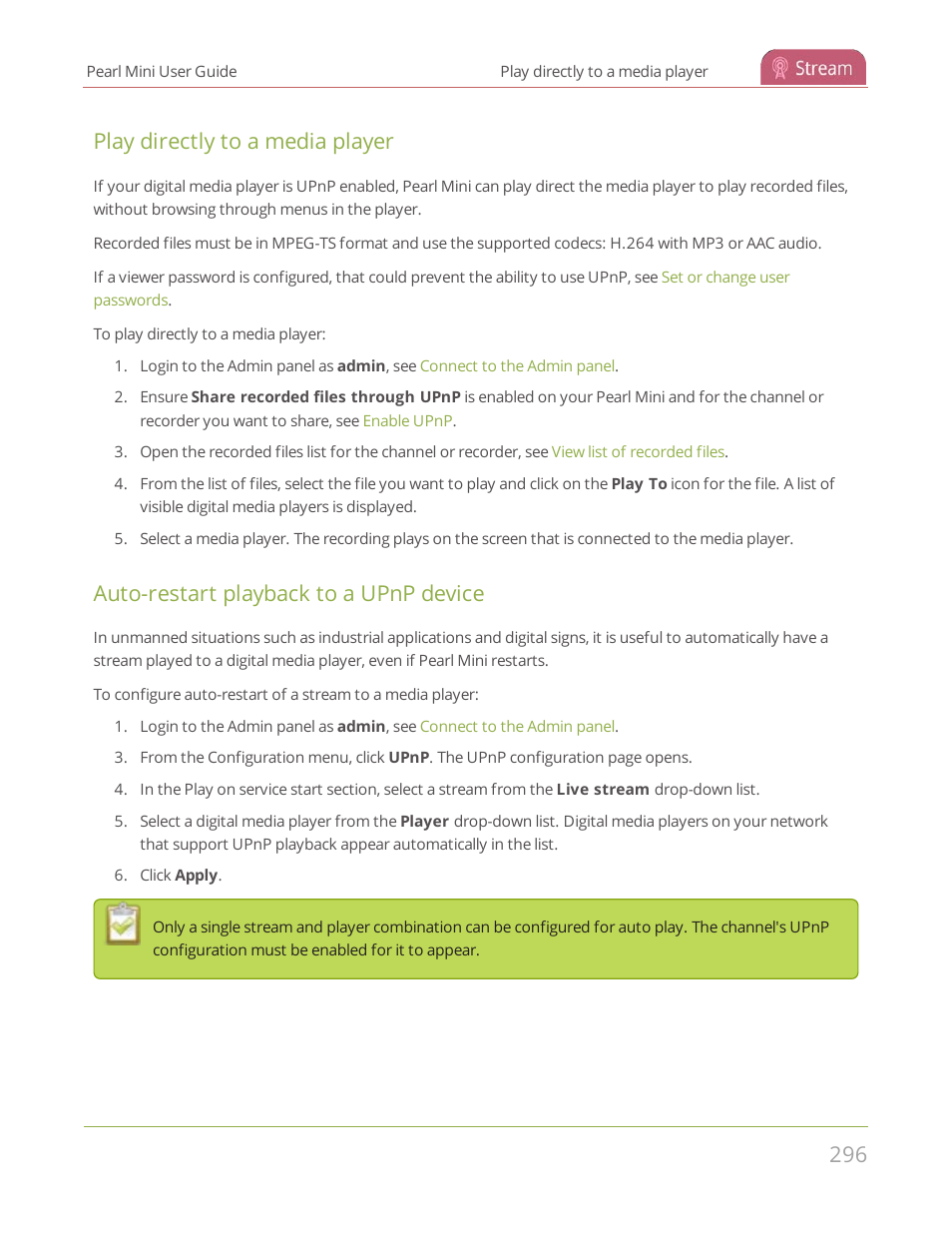 Play directly to a media player, Auto-restart playback to a upnp device, Play directly | To a media player | Epiphan Pearl Mini Live Video Production System User Manual | Page 307 / 438
