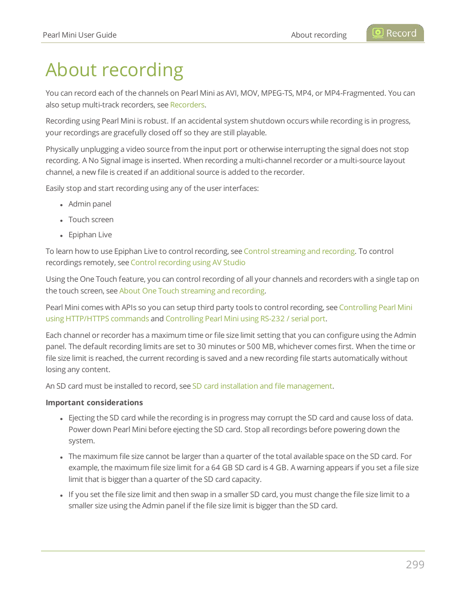 About recording | Epiphan Pearl Mini Live Video Production System User Manual | Page 310 / 438