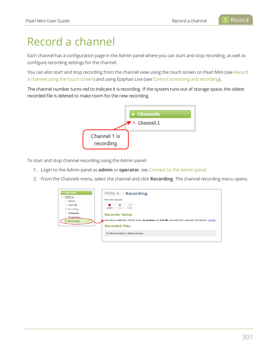 Record a channel | Epiphan Pearl Mini Live Video Production System User Manual | Page 312 / 438
