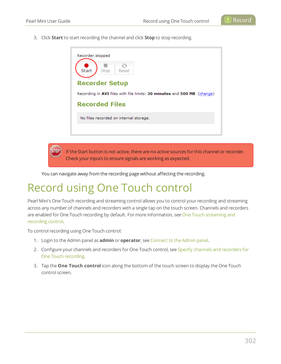 Record using one touch control | Epiphan Pearl Mini Live Video Production System User Manual | Page 313 / 438