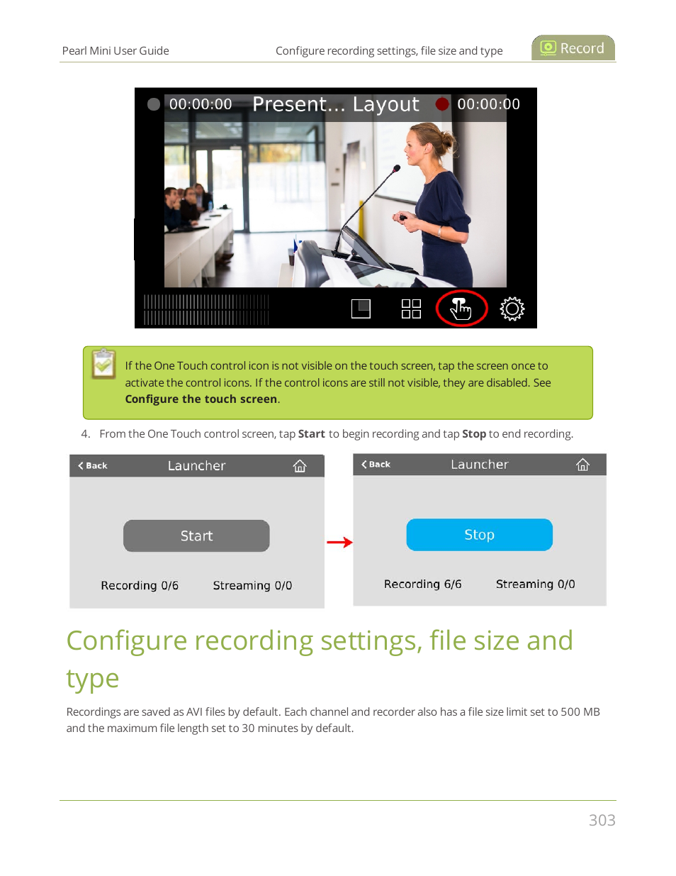 Configure recording settings, file size and type | Epiphan Pearl Mini Live Video Production System User Manual | Page 314 / 438