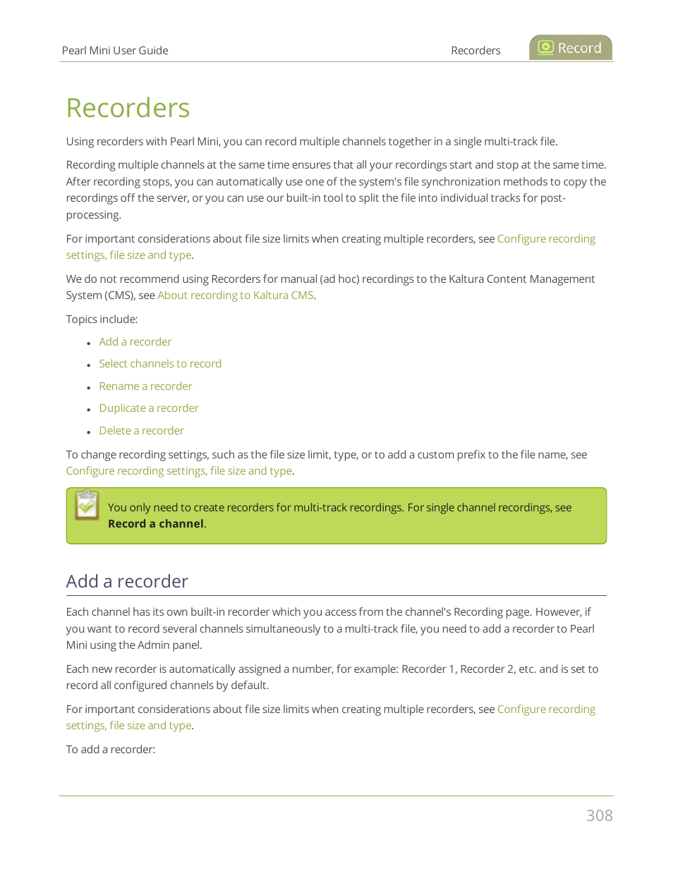 Recorders, Add a recorder | Epiphan Pearl Mini Live Video Production System User Manual | Page 319 / 438