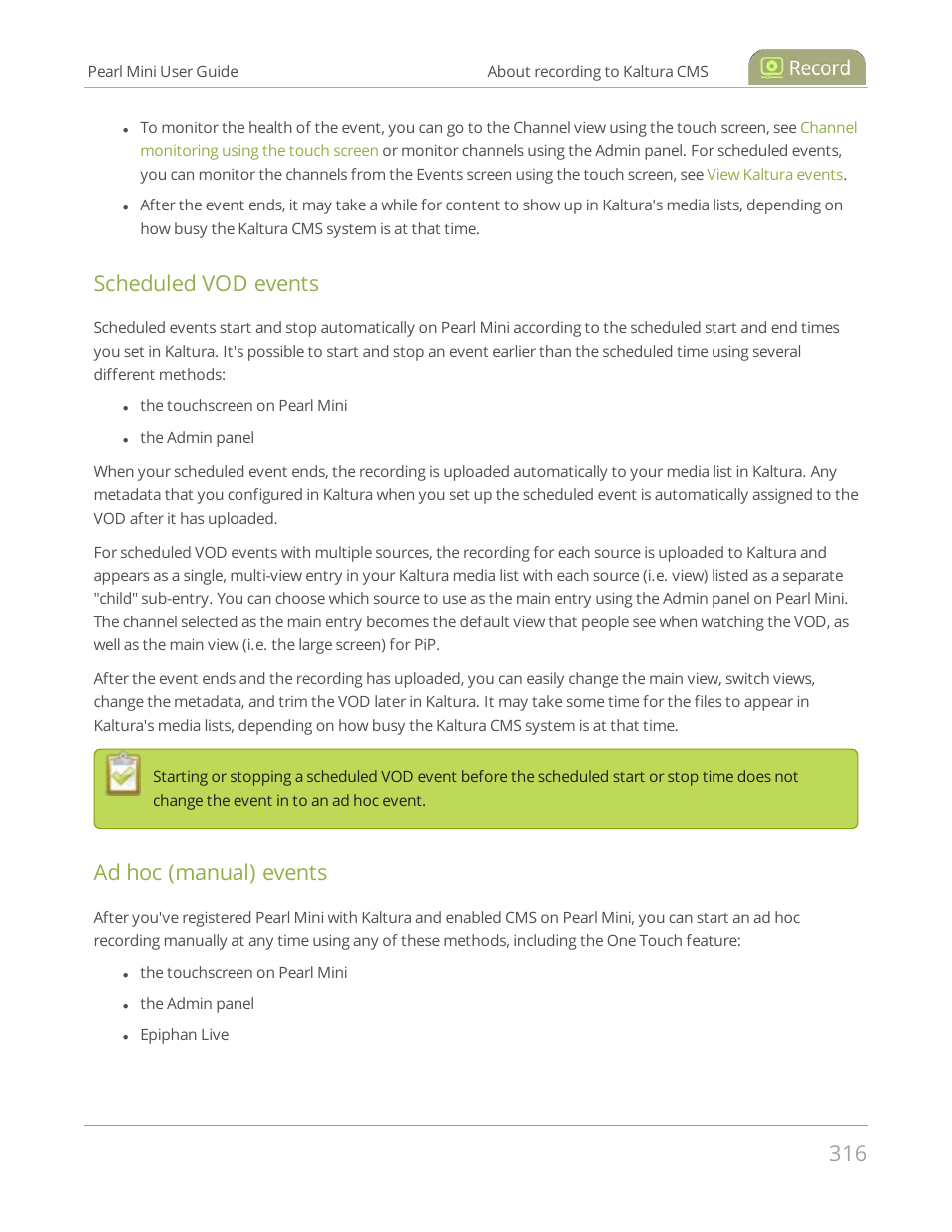 Scheduled vod events, Ad hoc (manual) events | Epiphan Pearl Mini Live Video Production System User Manual | Page 327 / 438