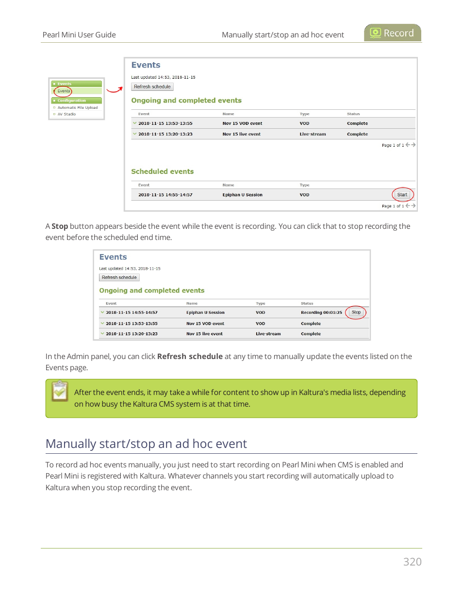 Manually start/stop an ad hoc event, Manually start/stop an ad hoc, Event | Epiphan Pearl Mini Live Video Production System User Manual | Page 331 / 438