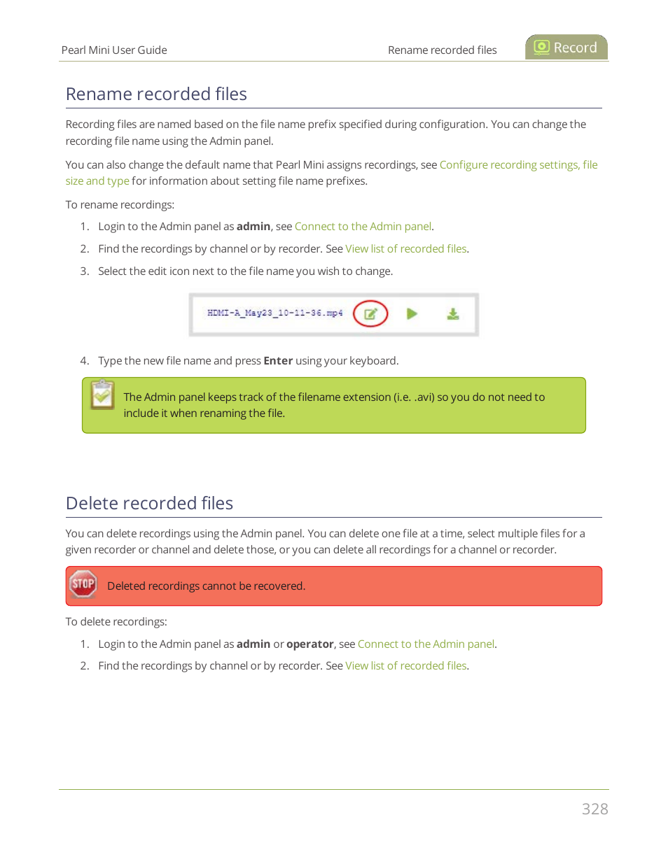 Rename recorded files, Delete recorded files | Epiphan Pearl Mini Live Video Production System User Manual | Page 339 / 438