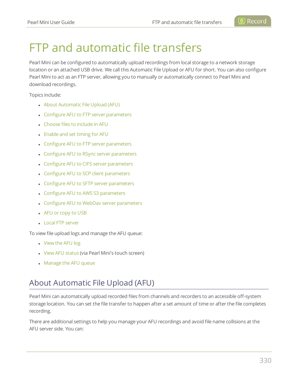 Ftp and automatic file transfers, About automatic file upload (afu), And automatic file transfers | Ftp and automatic file, Transfers | Epiphan Pearl Mini Live Video Production System User Manual | Page 341 / 438