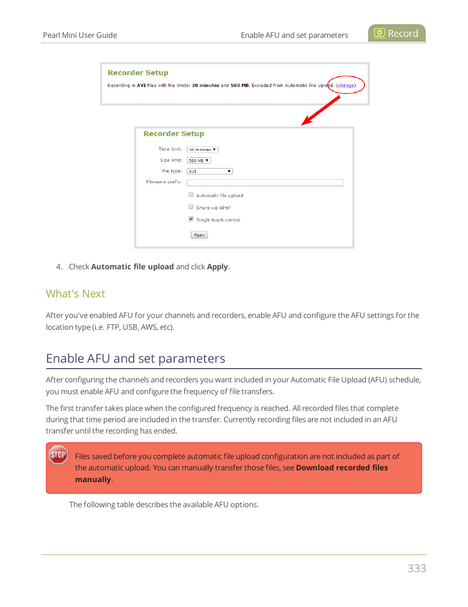 Enable afu and set parameters, Enable afu and set, Parameters | What's next | Epiphan Pearl Mini Live Video Production System User Manual | Page 344 / 438