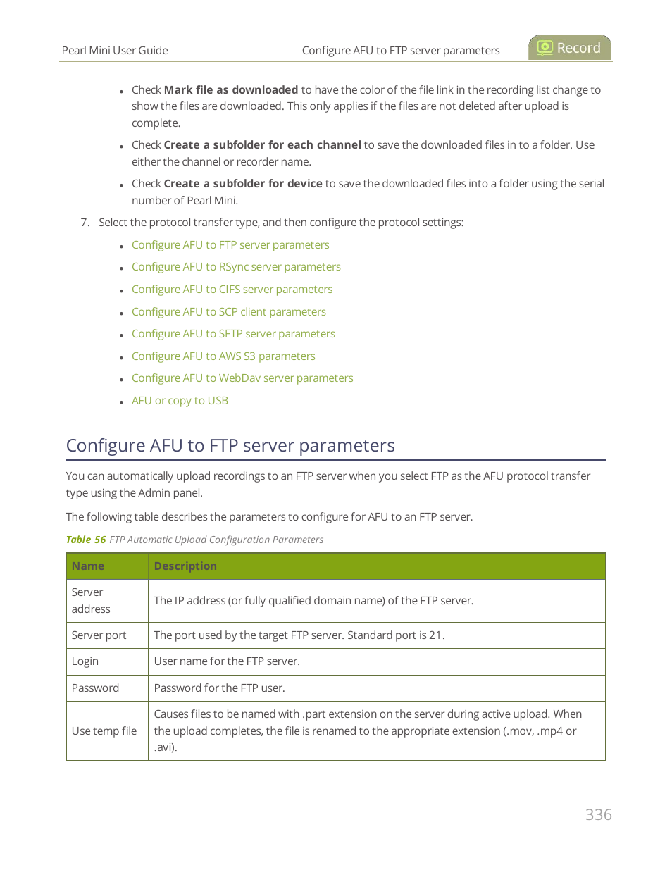 Configure afu to ftp server parameters | Epiphan Pearl Mini Live Video Production System User Manual | Page 347 / 438