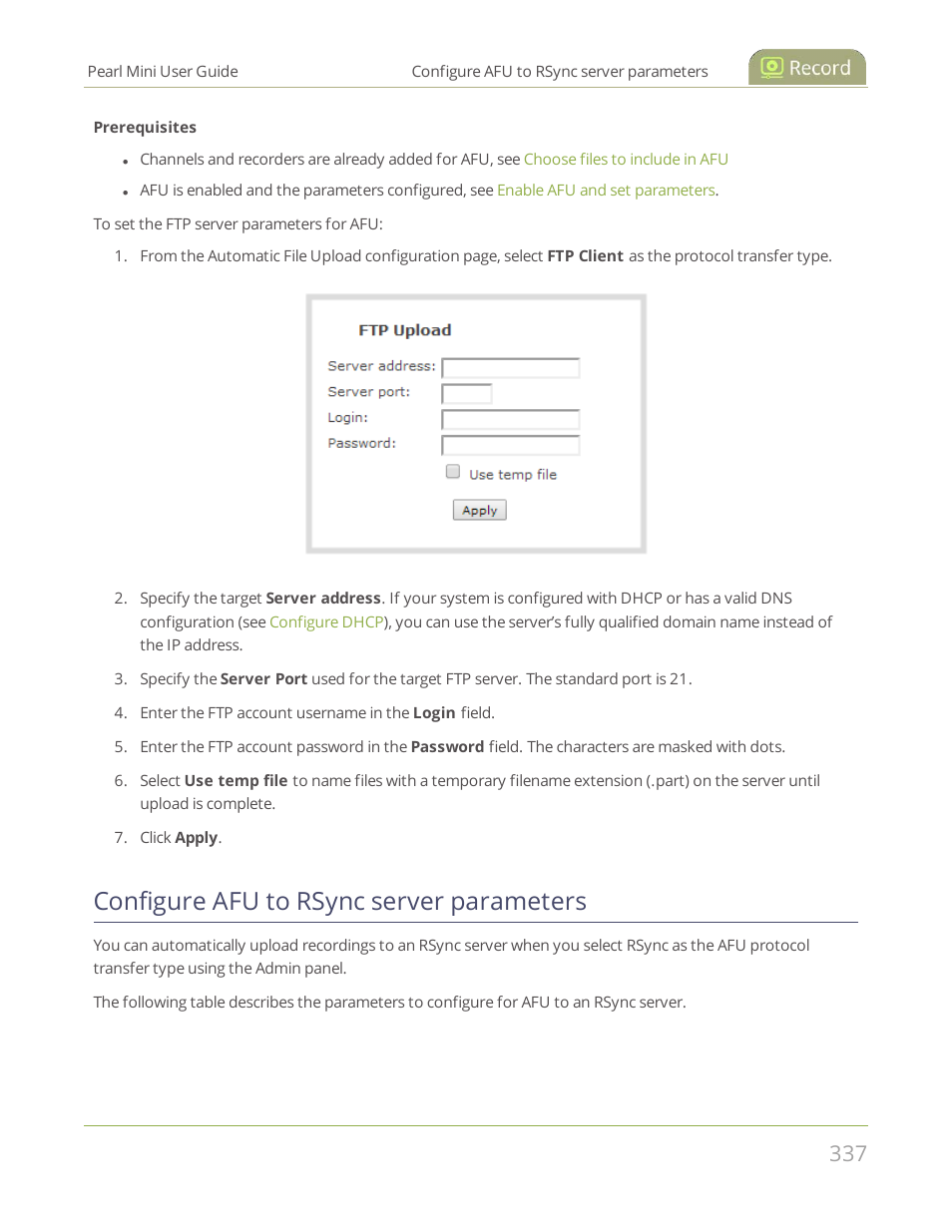 Configure afu to rsync server parameters | Epiphan Pearl Mini Live Video Production System User Manual | Page 348 / 438