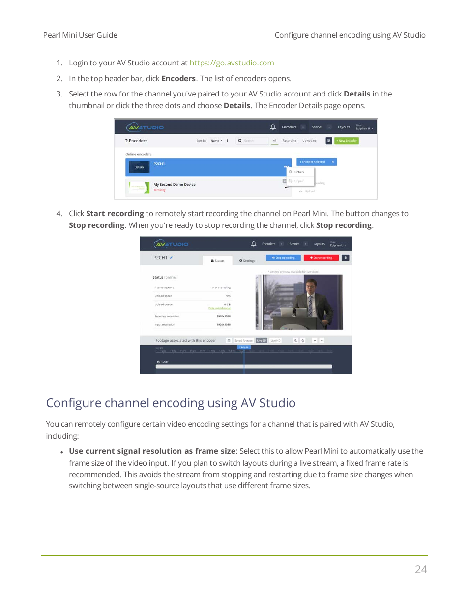 Configure channel encoding using av studio | Epiphan Pearl Mini Live Video Production System User Manual | Page 35 / 438