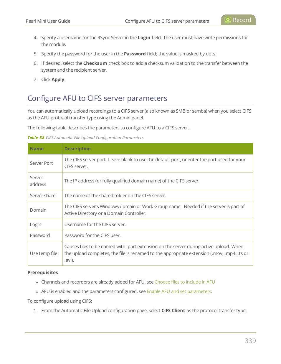 Configure afu to cifs server parameters | Epiphan Pearl Mini Live Video Production System User Manual | Page 350 / 438