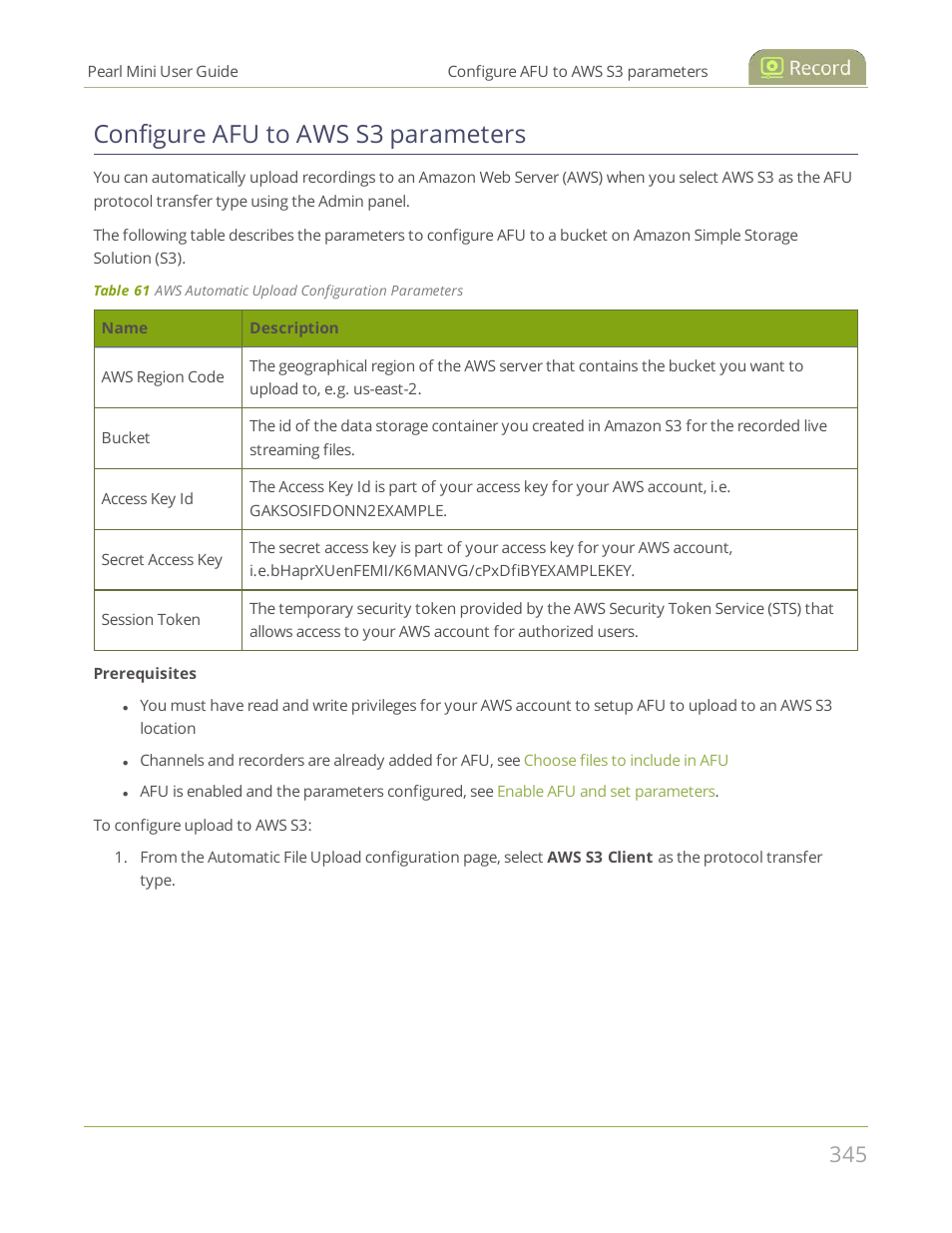 Configure afu to aws s3 parameters | Epiphan Pearl Mini Live Video Production System User Manual | Page 356 / 438