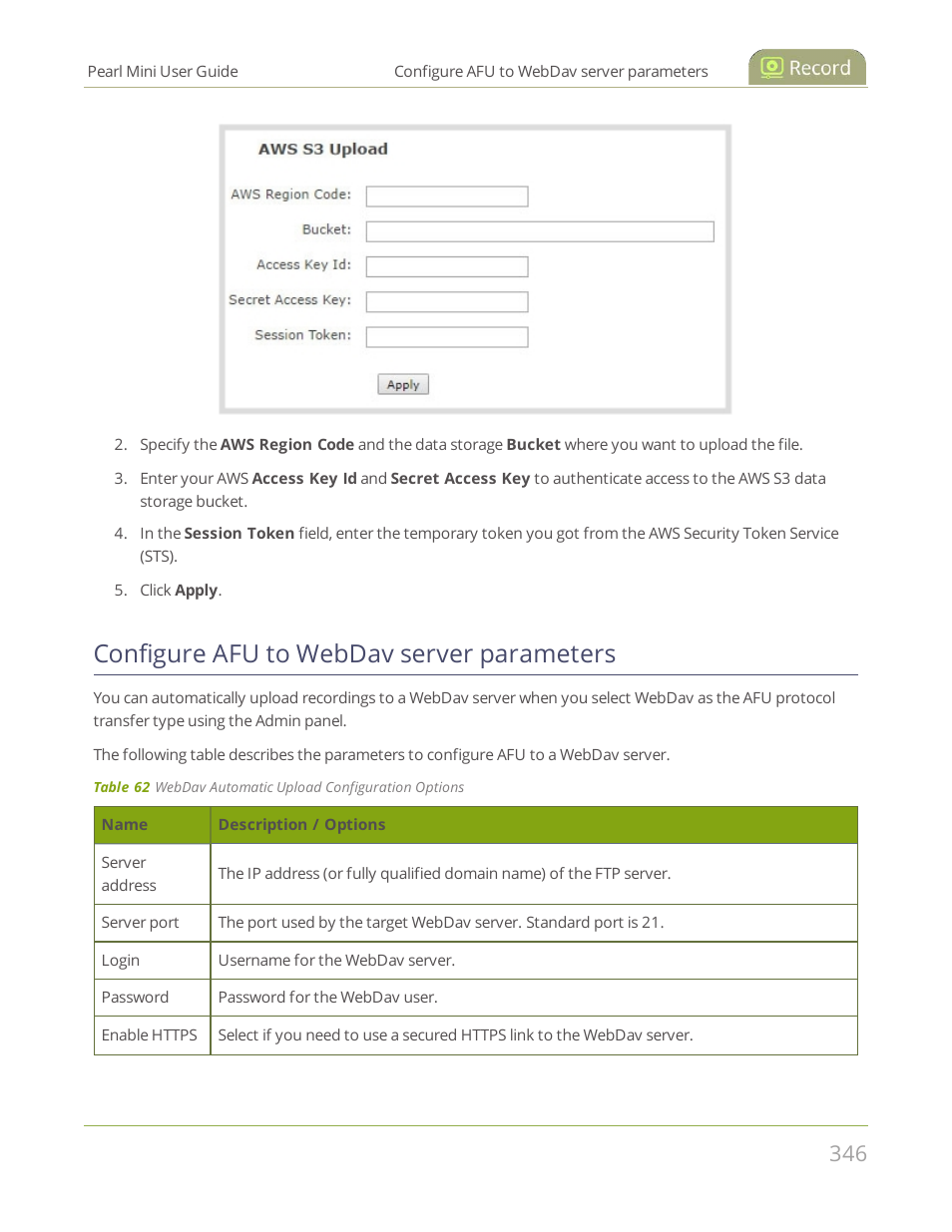 Configure afu to webdav server parameters | Epiphan Pearl Mini Live Video Production System User Manual | Page 357 / 438