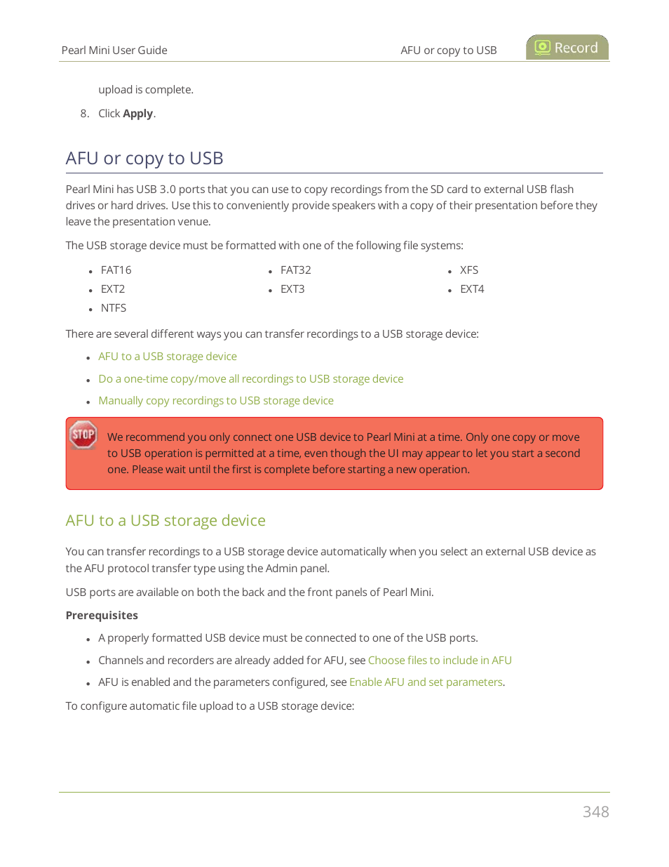 Afu or copy to usb, Afu to a usb storage device | Epiphan Pearl Mini Live Video Production System User Manual | Page 359 / 438