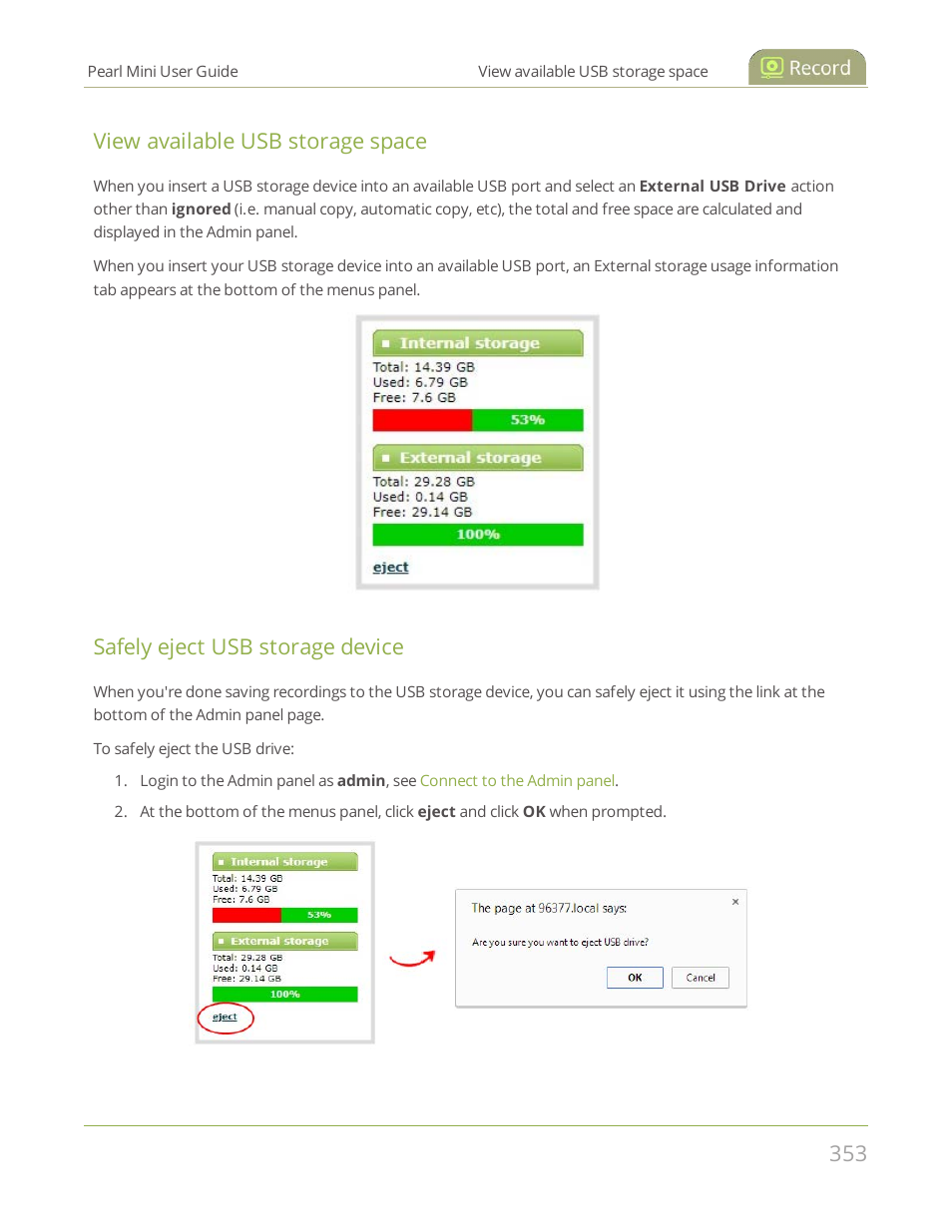 View available usb storage space, Safely eject usb storage device | Epiphan Pearl Mini Live Video Production System User Manual | Page 364 / 438