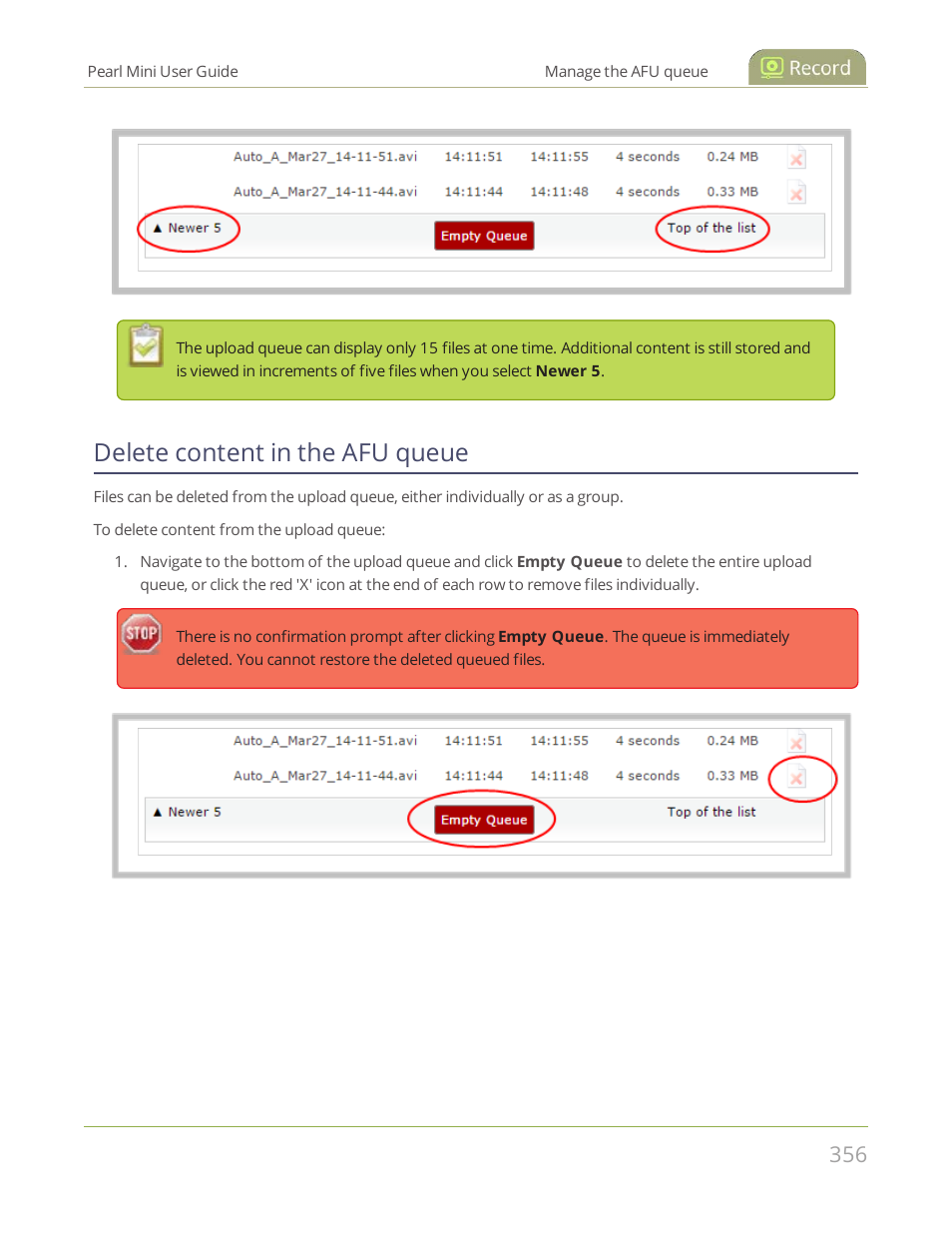 Delete content in the afu queue | Epiphan Pearl Mini Live Video Production System User Manual | Page 367 / 438