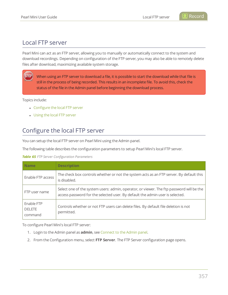 Local ftp server, Configure the local ftp server | Epiphan Pearl Mini Live Video Production System User Manual | Page 368 / 438
