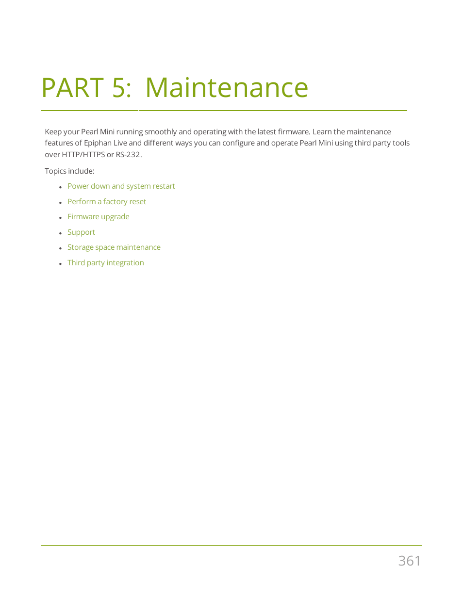 Part 5: maintenance, Maintenance | Epiphan Pearl Mini Live Video Production System User Manual | Page 372 / 438