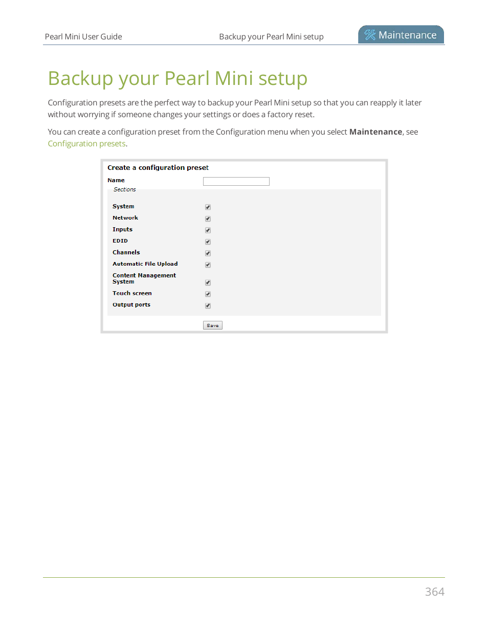 Backup your pearl mini setup | Epiphan Pearl Mini Live Video Production System User Manual | Page 375 / 438