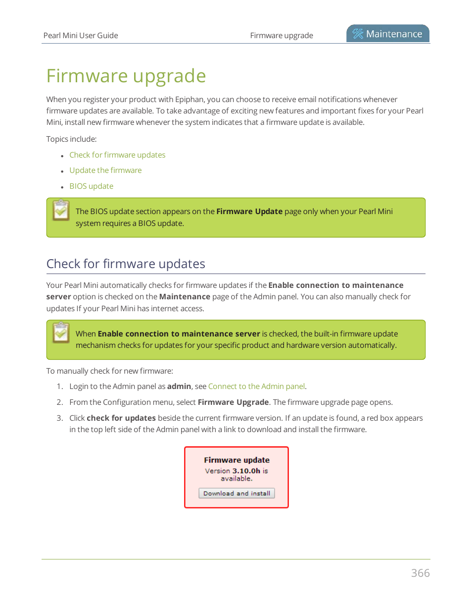 Firmware upgrade, Check for firmware updates | Epiphan Pearl Mini Live Video Production System User Manual | Page 377 / 438