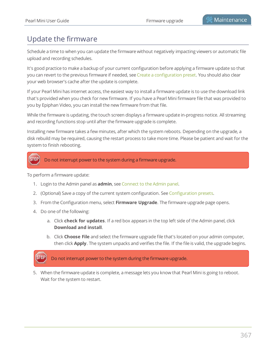 Update the firmware | Epiphan Pearl Mini Live Video Production System User Manual | Page 378 / 438