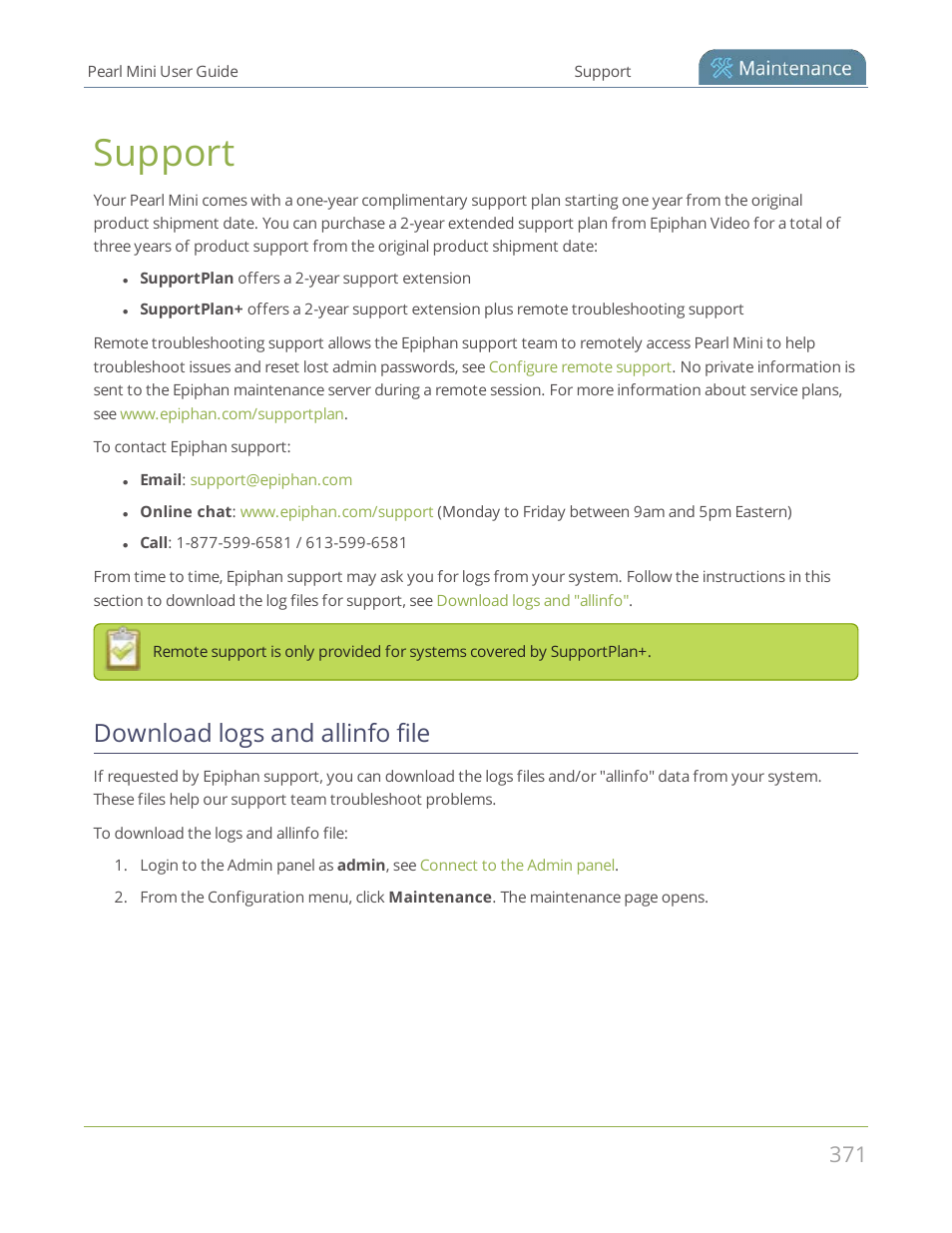 Support, Download logs and allinfo file | Epiphan Pearl Mini Live Video Production System User Manual | Page 382 / 438