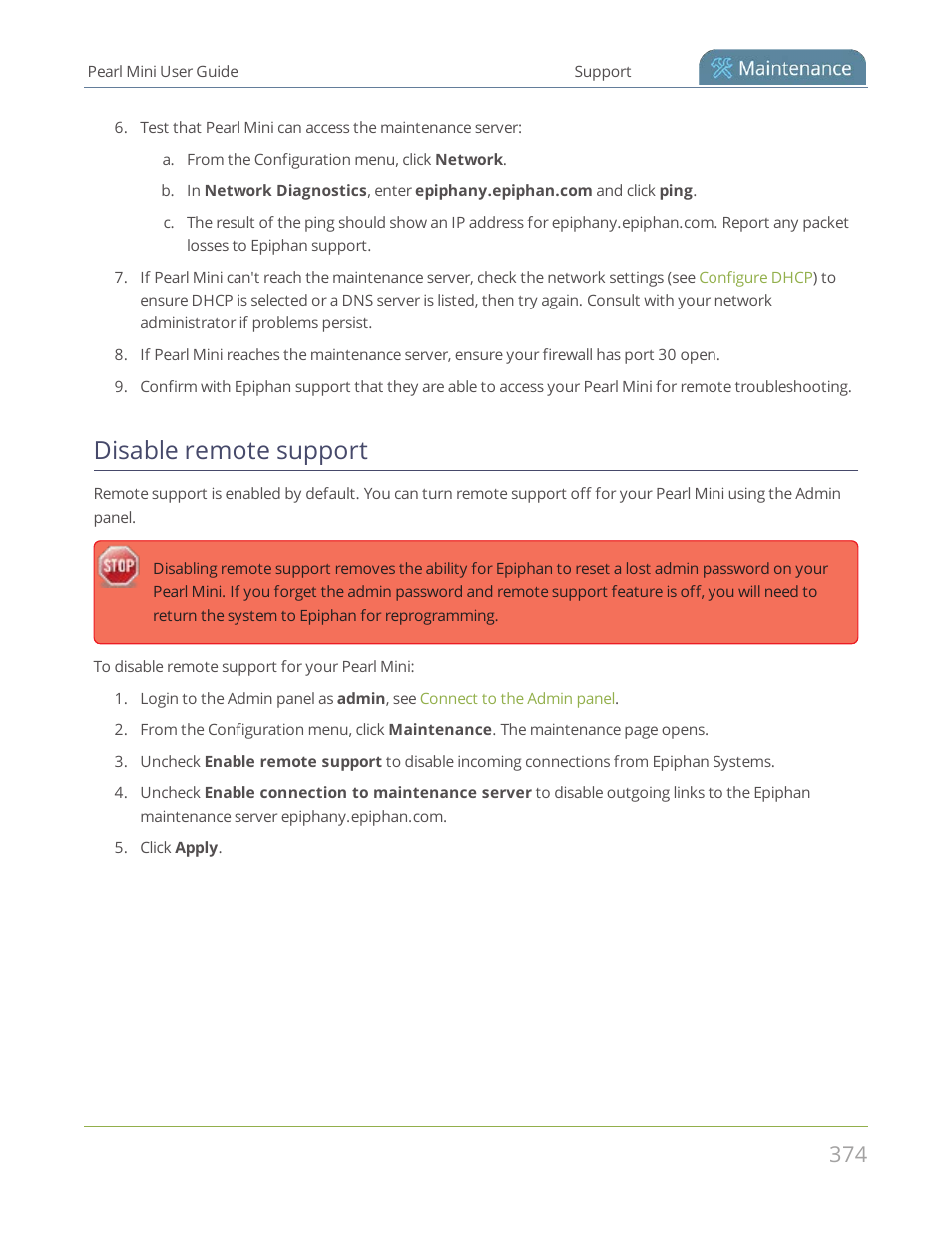 Disable remote support | Epiphan Pearl Mini Live Video Production System User Manual | Page 385 / 438
