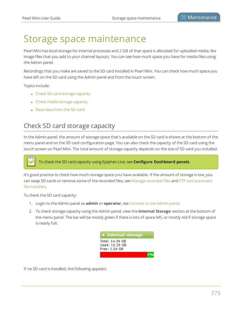 Storage space maintenance, Check sd card storage capacity | Epiphan Pearl Mini Live Video Production System User Manual | Page 386 / 438