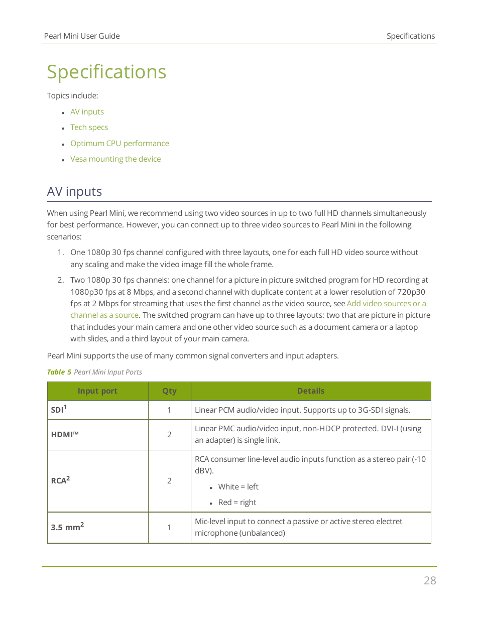 Specifications, Av inputs, Inputs | Epiphan Pearl Mini Live Video Production System User Manual | Page 39 / 438