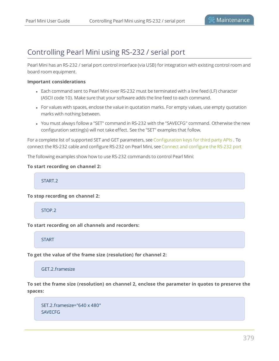Controlling pearl mini using rs-232 / serial port | Epiphan Pearl Mini Live Video Production System User Manual | Page 390 / 438