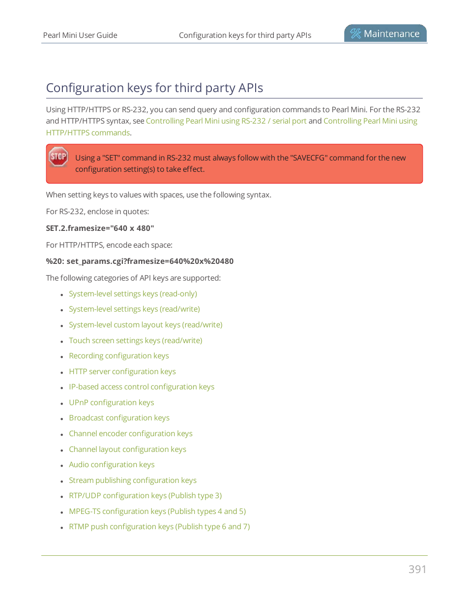 Configuration keys for third party apis | Epiphan Pearl Mini Live Video Production System User Manual | Page 402 / 438