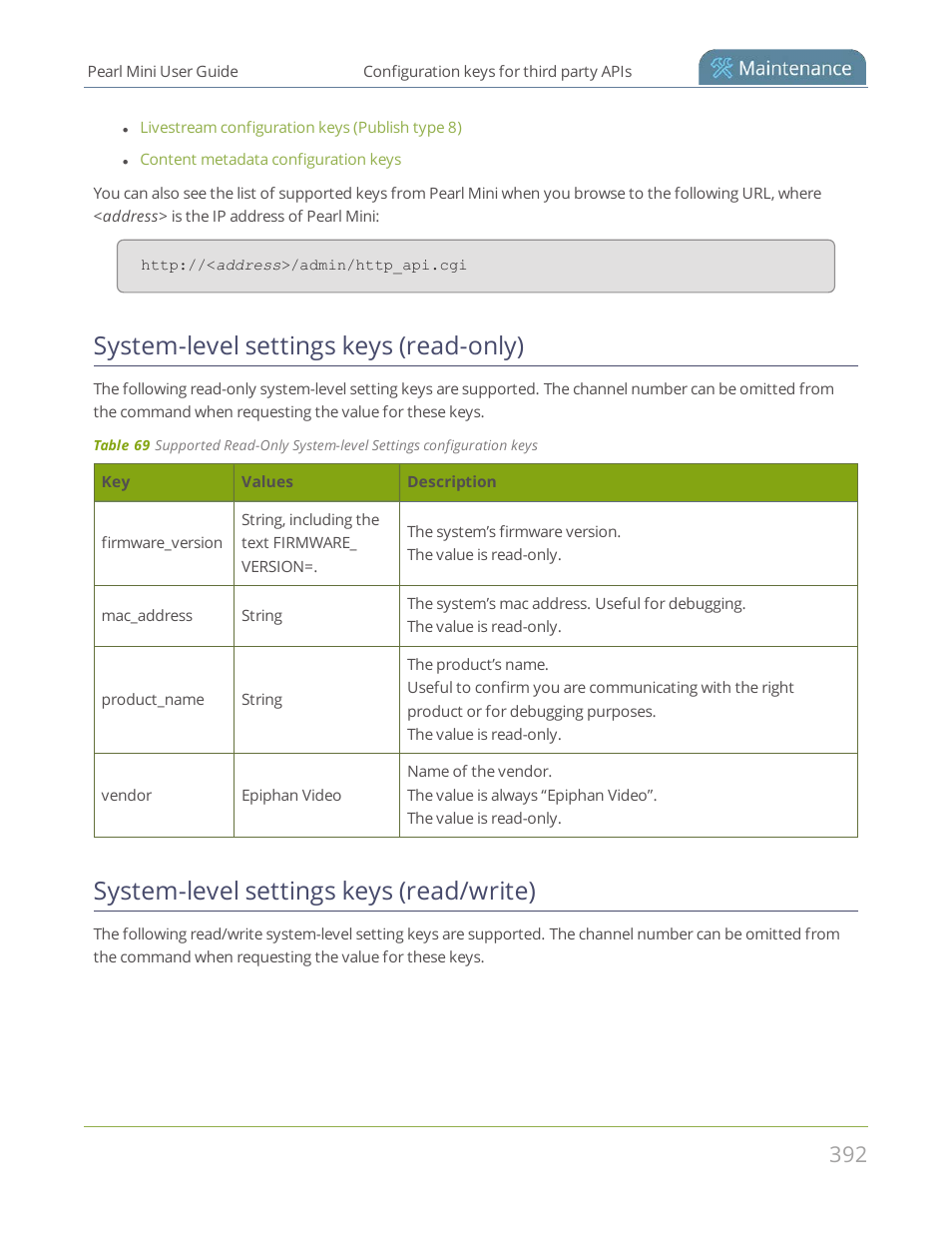 System-level settings keys (read-only), System-level settings keys (read/write) | Epiphan Pearl Mini Live Video Production System User Manual | Page 403 / 438