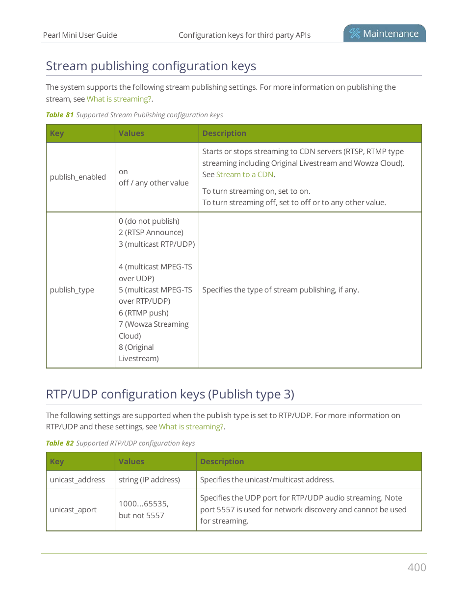 Stream publishing configuration keys, Rtp/udp configuration keys (publish type 3) | Epiphan Pearl Mini Live Video Production System User Manual | Page 411 / 438
