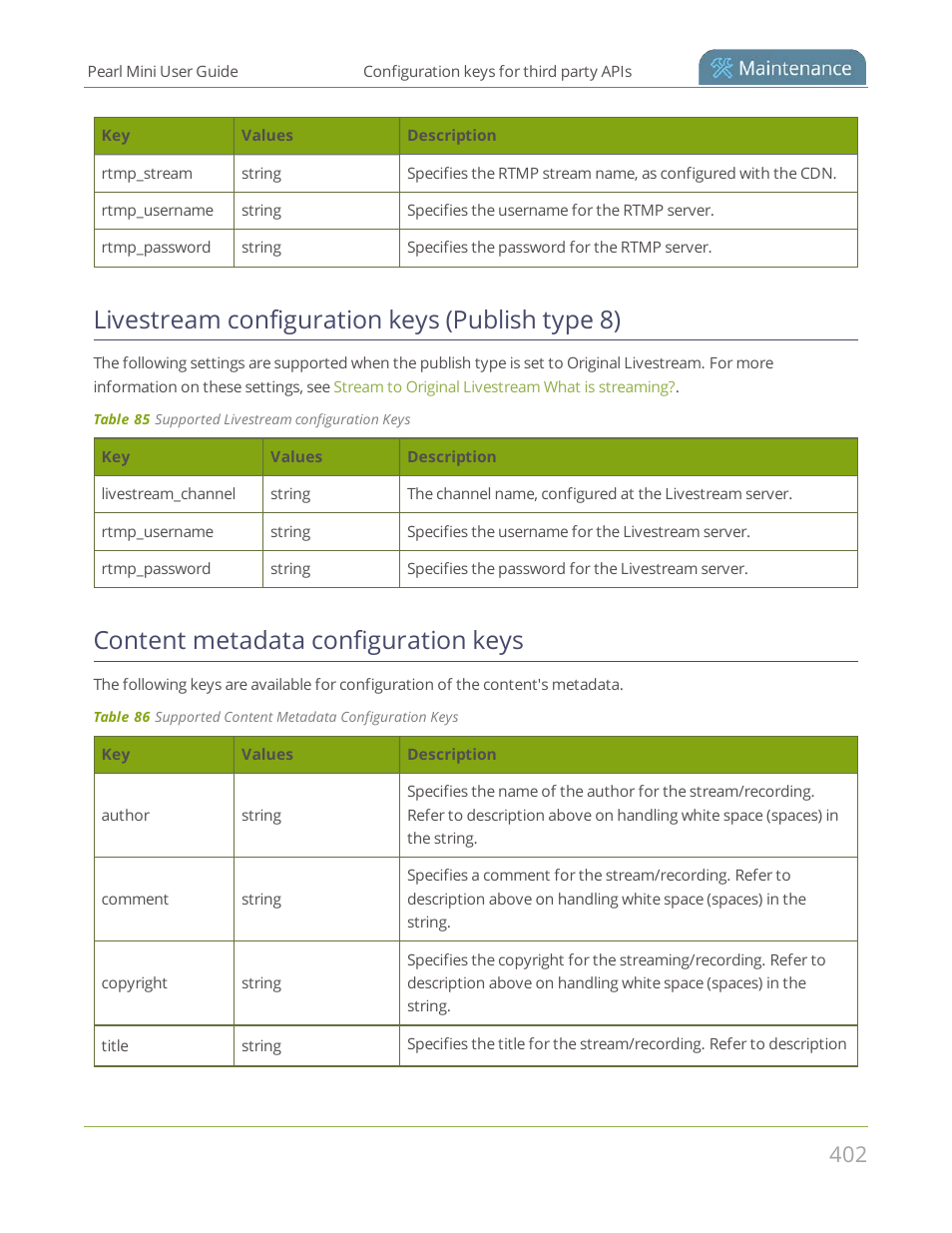Livestream configuration keys (publish type 8), Content metadata configuration keys | Epiphan Pearl Mini Live Video Production System User Manual | Page 413 / 438