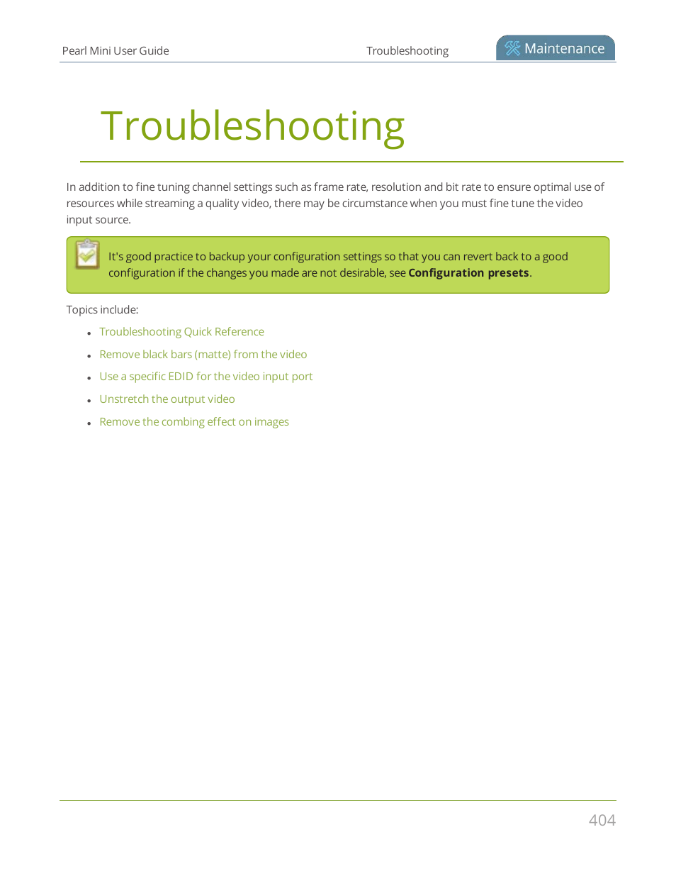 Troubleshooting | Epiphan Pearl Mini Live Video Production System User Manual | Page 415 / 438