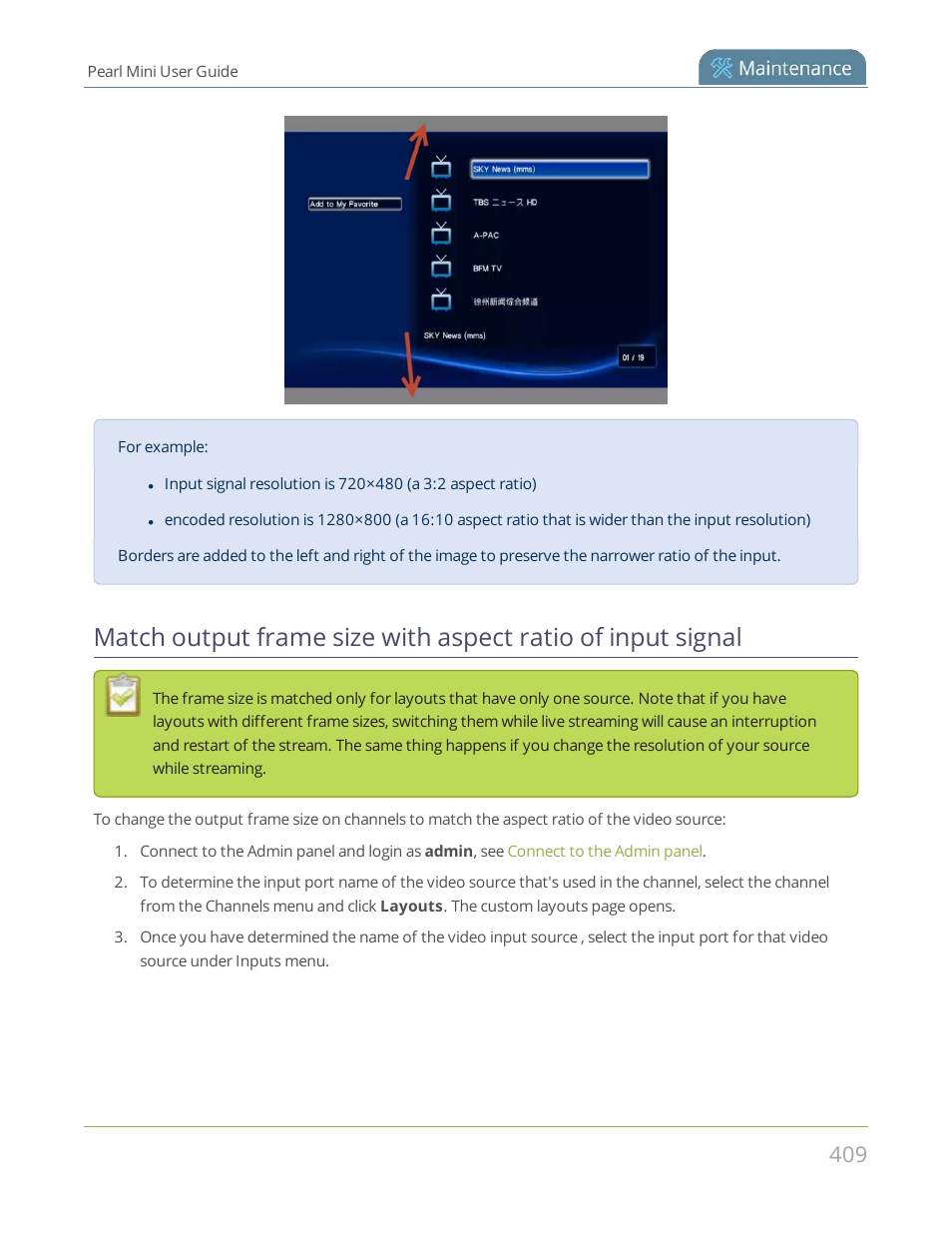Match output frame size with, Aspect ratio of input signal | Epiphan Pearl Mini Live Video Production System User Manual | Page 420 / 438