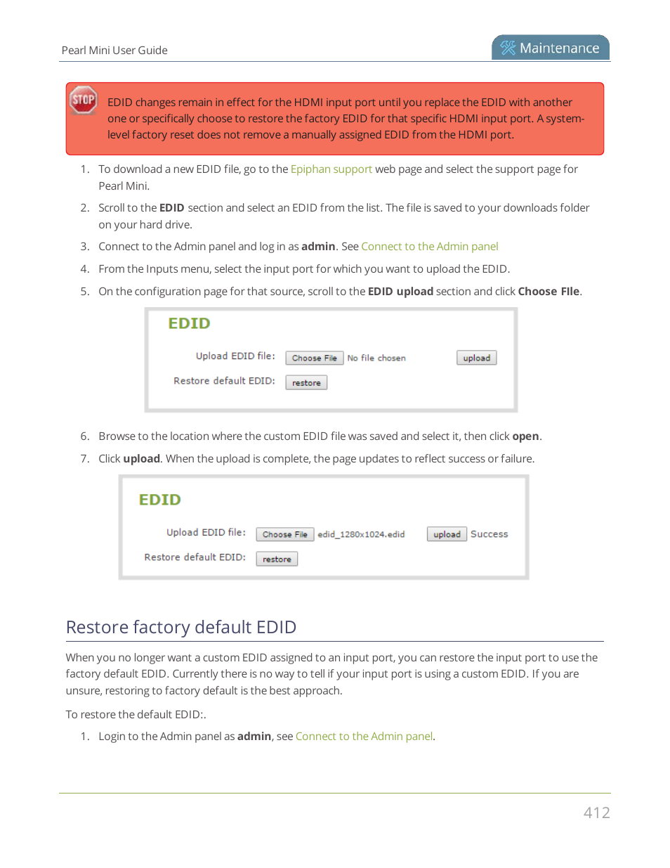 Restore factory default edid | Epiphan Pearl Mini Live Video Production System User Manual | Page 423 / 438