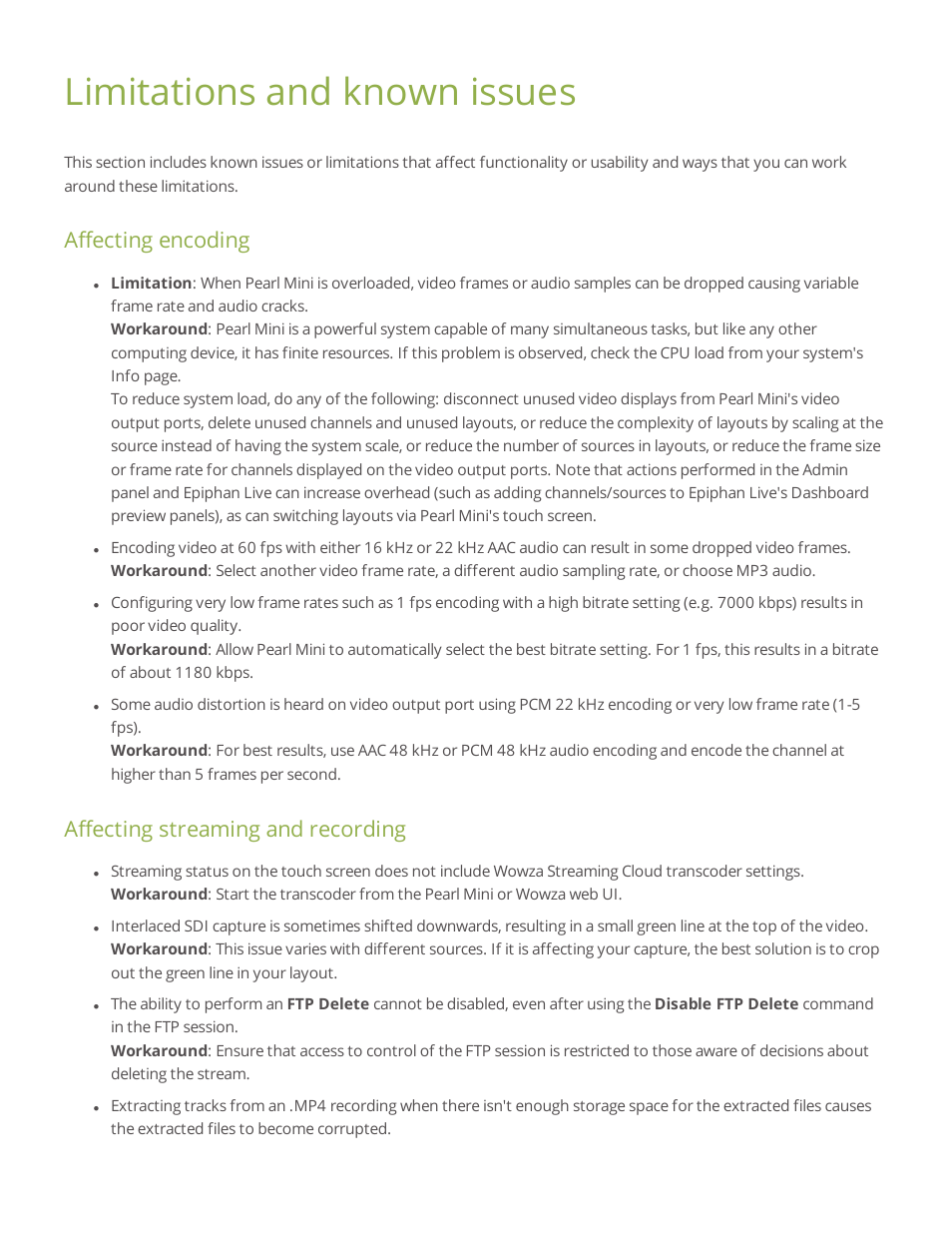 Limitations and known issues, Affecting encoding, Affecting streaming and recording | Epiphan Pearl Mini Live Video Production System User Manual | Page 426 / 438