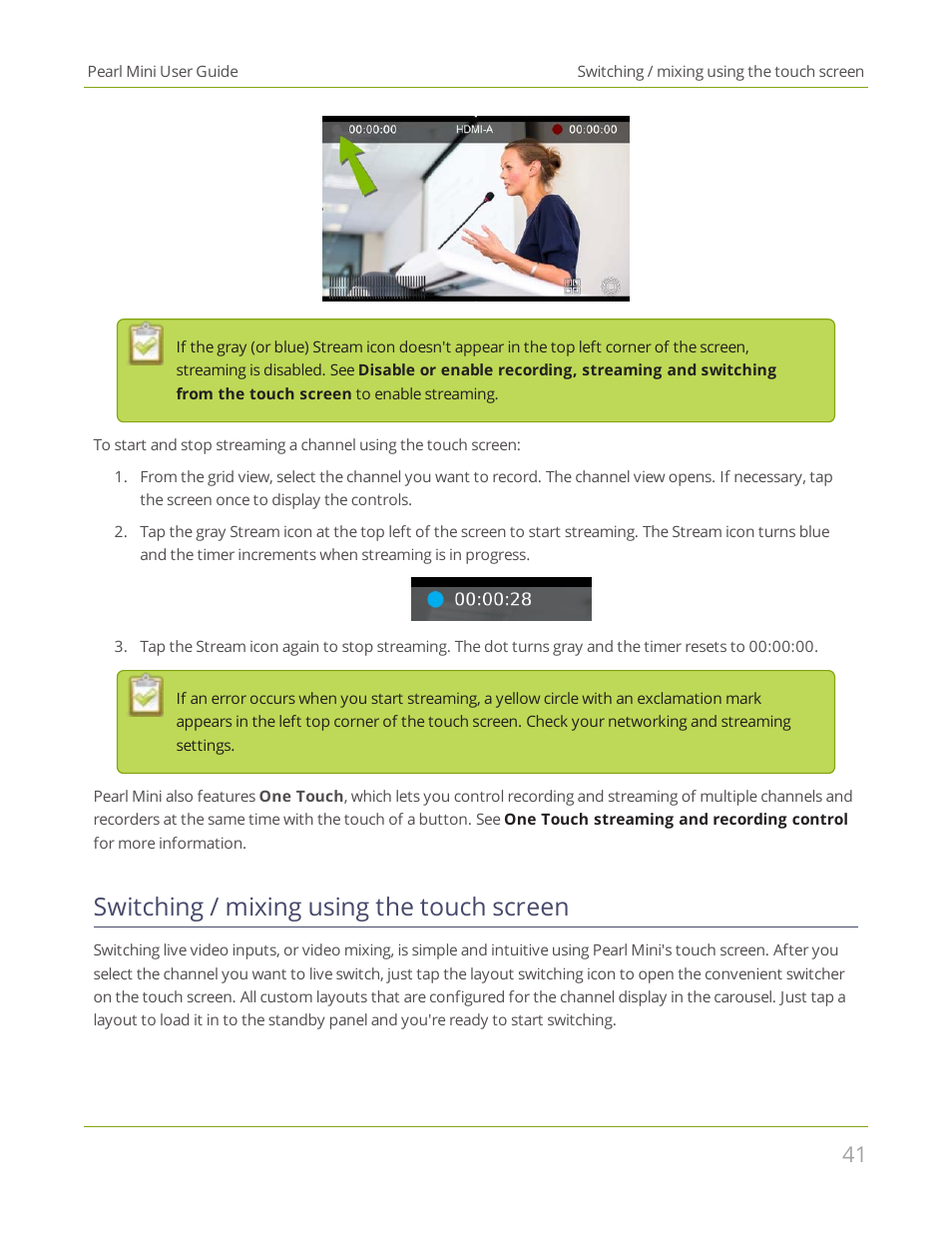 Switching / mixing using the touch screen | Epiphan Pearl Mini Live Video Production System User Manual | Page 52 / 438