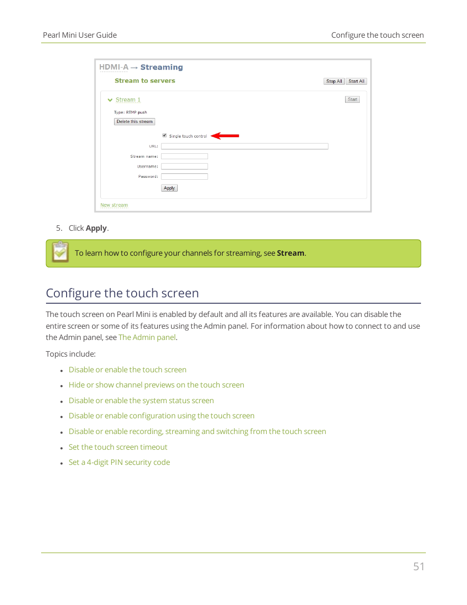 Configure the touch screen | Epiphan Pearl Mini Live Video Production System User Manual | Page 62 / 438