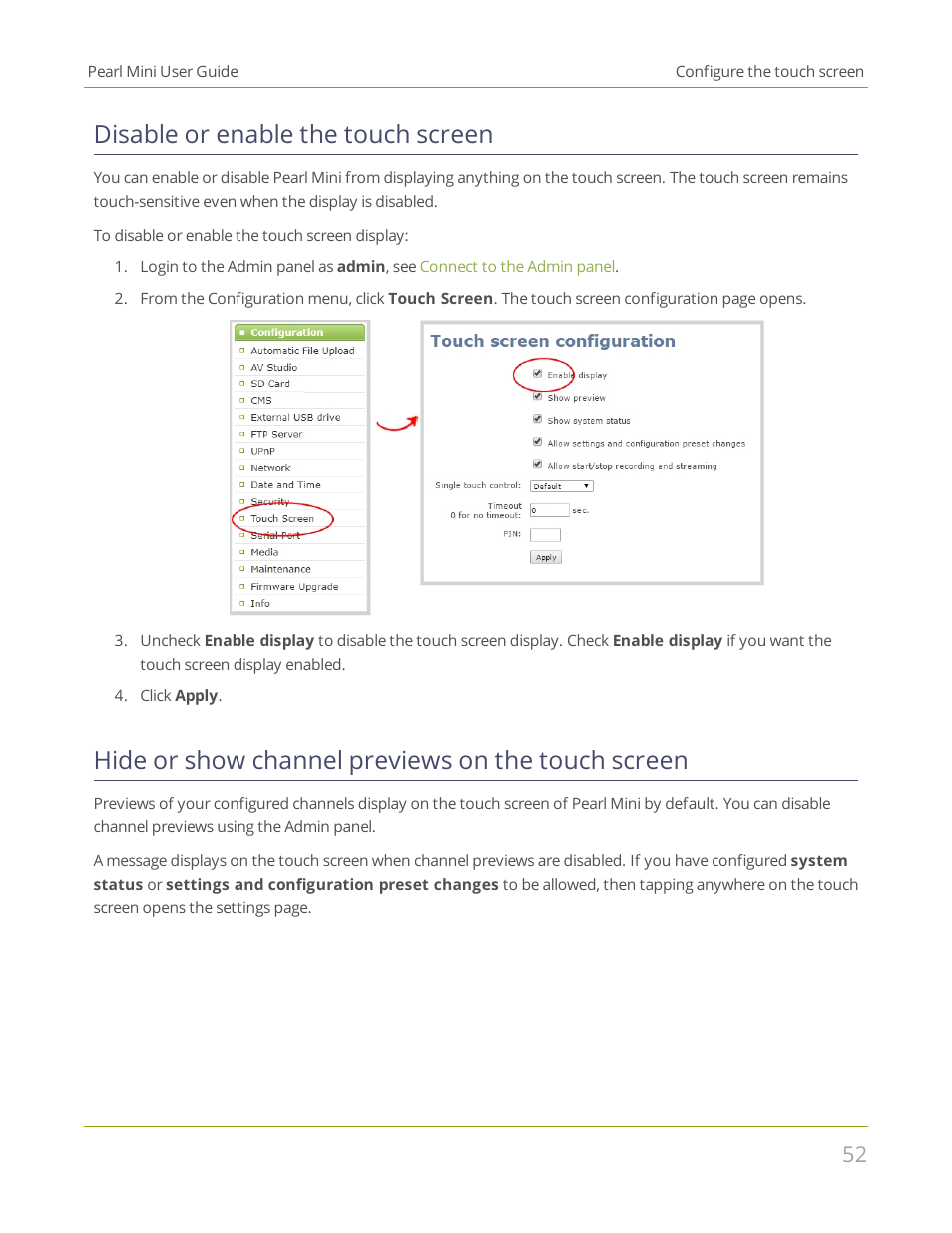Disable or enable the touch screen, Hide or show channel previews on the touch screen | Epiphan Pearl Mini Live Video Production System User Manual | Page 63 / 438