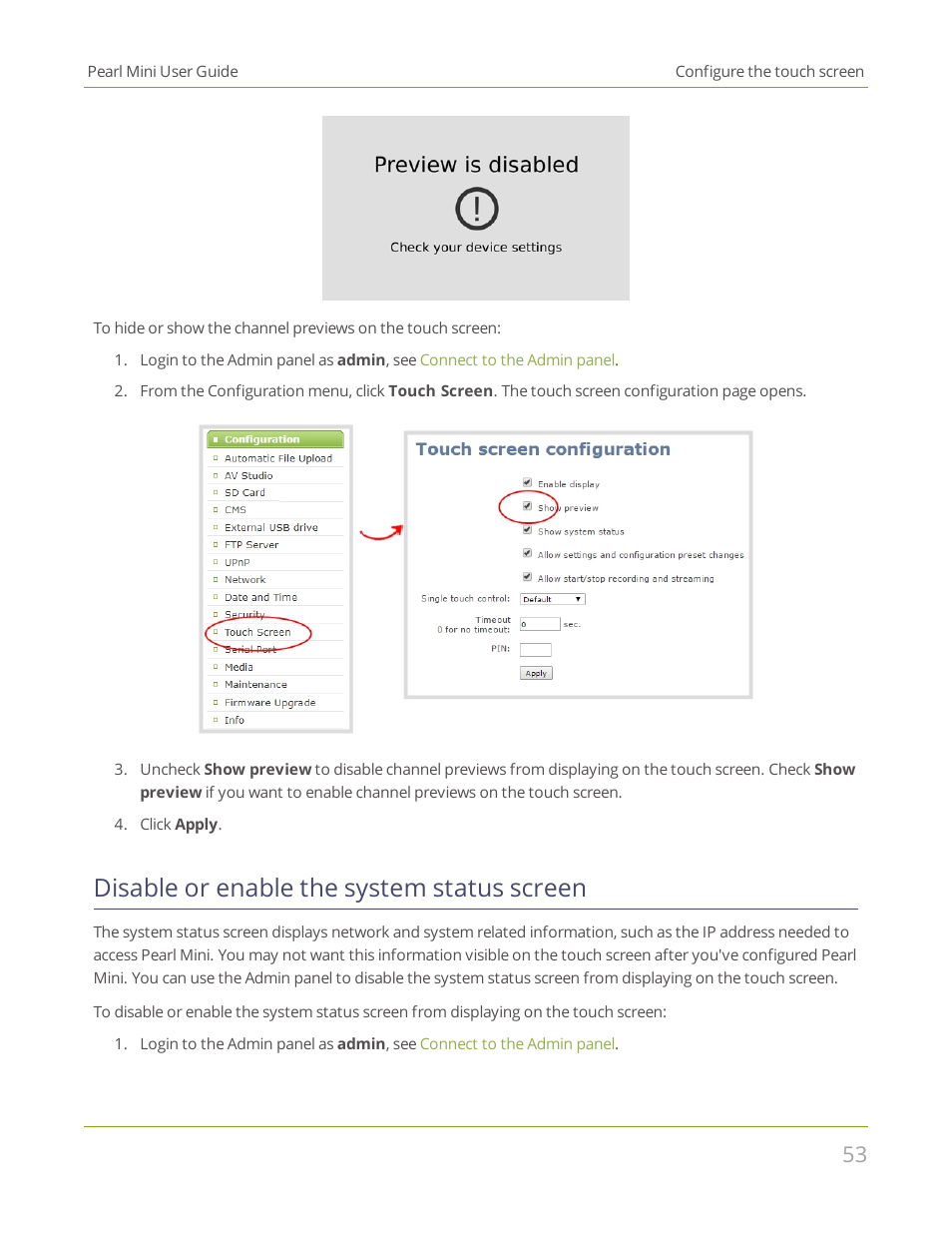 Disable or enable the system status screen | Epiphan Pearl Mini Live Video Production System User Manual | Page 64 / 438