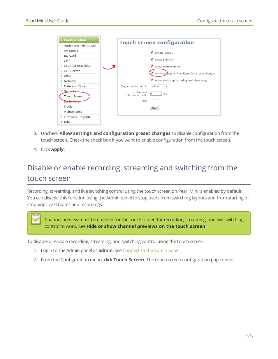 Touch screen, From the touch screen, Disable or | Epiphan Pearl Mini Live Video Production System User Manual | Page 66 / 438