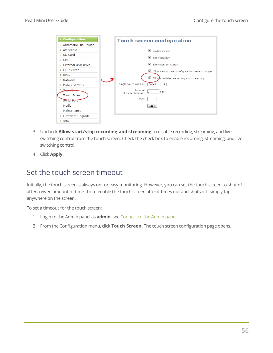 Set the touch screen timeout | Epiphan Pearl Mini Live Video Production System User Manual | Page 67 / 438