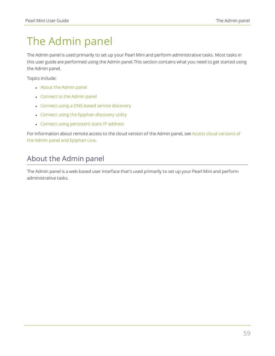 The admin panel, About the admin panel, About | Epiphan Pearl Mini Live Video Production System User Manual | Page 70 / 438